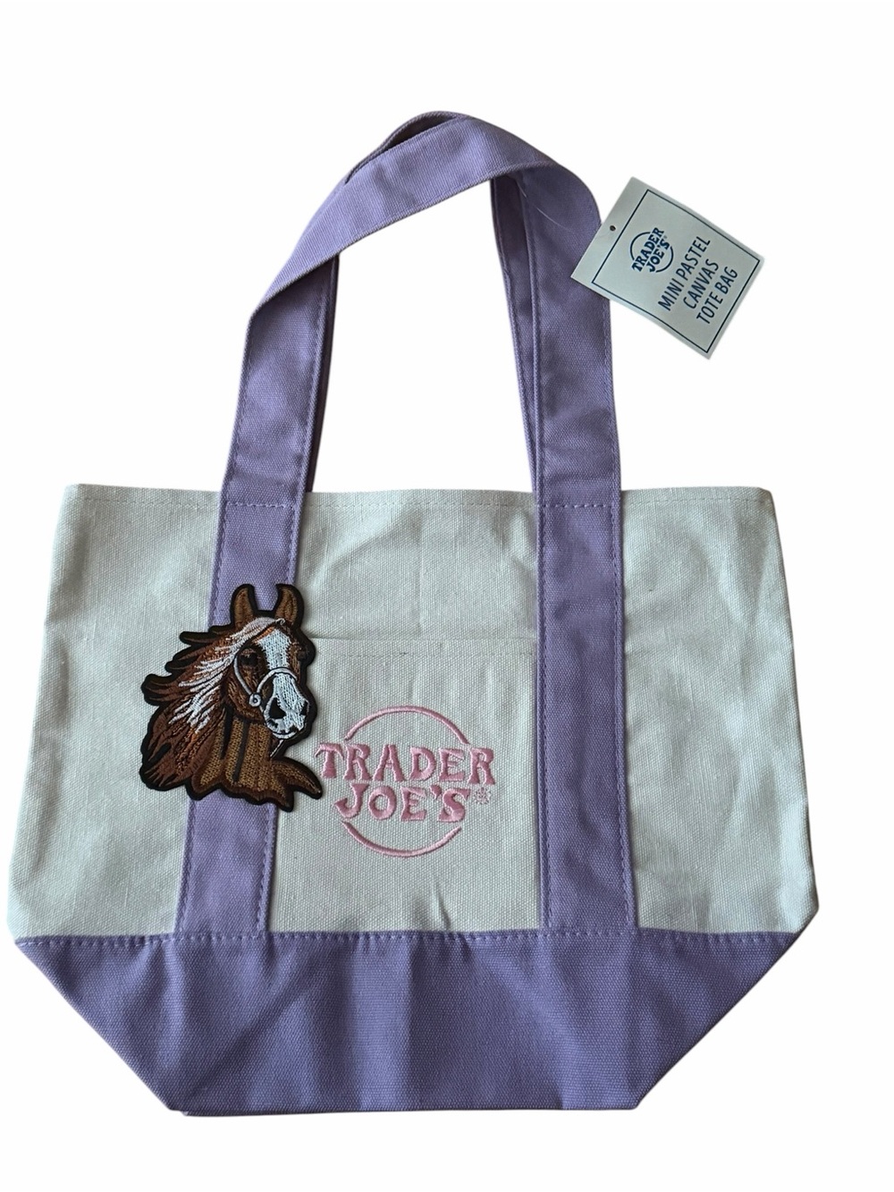 NWT Trader Joe's Custom Embroidered Horse Patch Mini Pastel Canvas Tote Bag